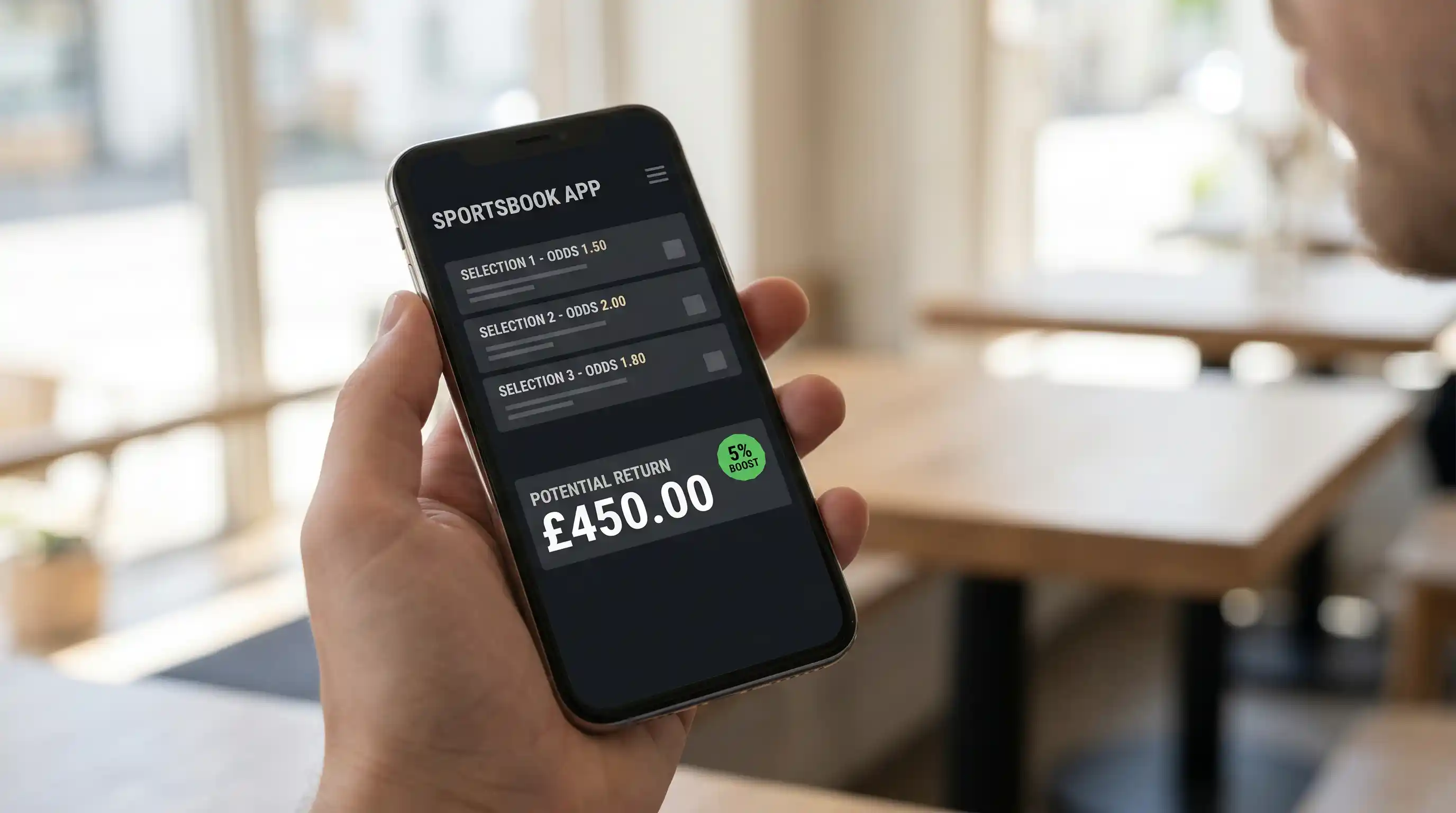 Mobile sportsbook app interface displaying a five-fold accumulator with a 20 percent boost applied to the headline return