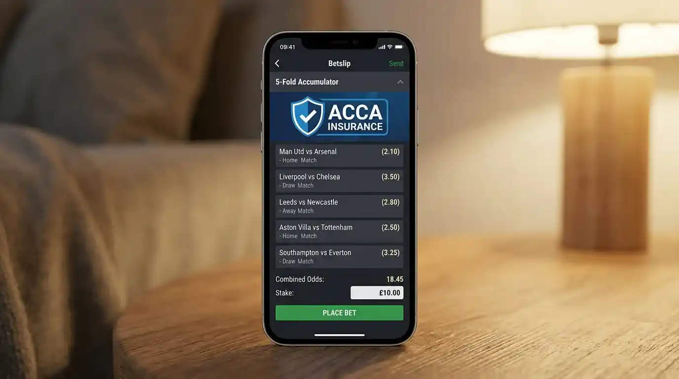 Five-leg football accumulator slip with acca insurance attached on a UK bookmaker app