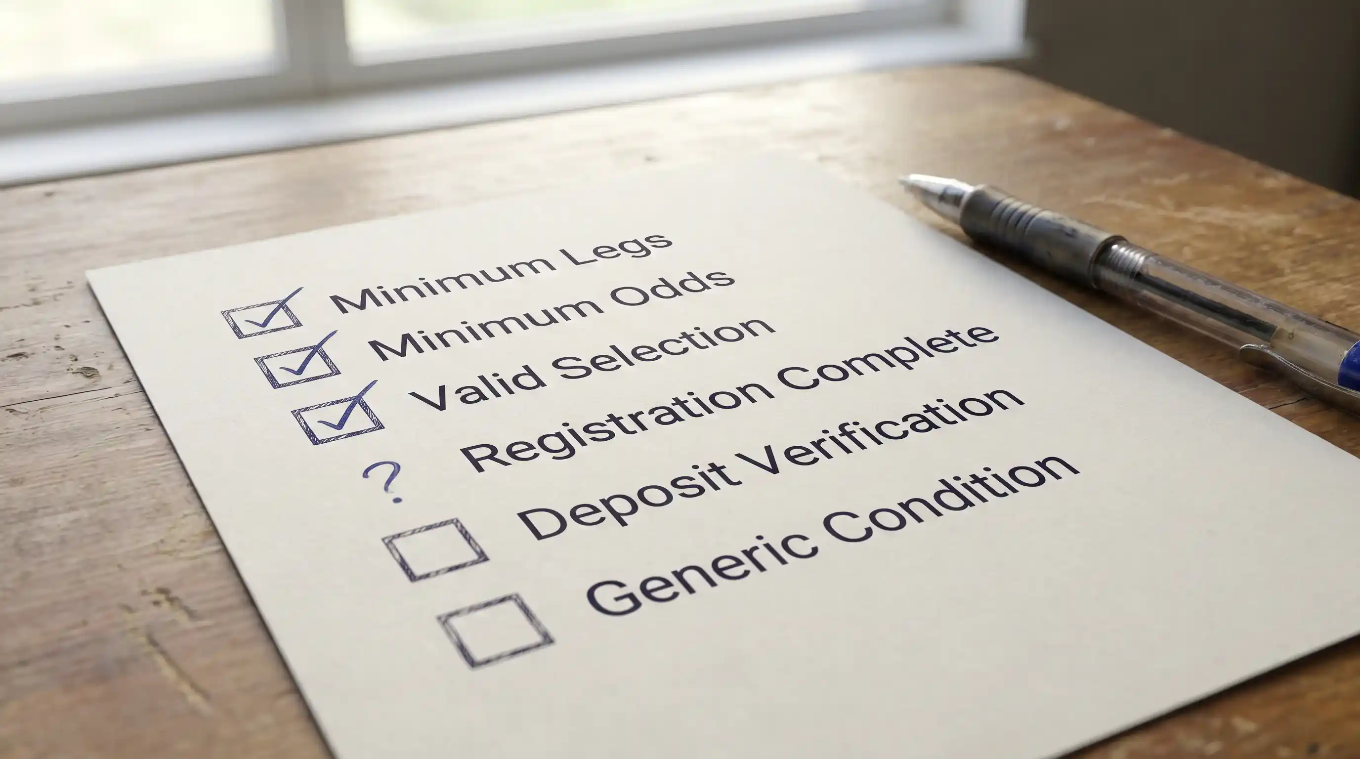Printed checklist of acca insurance qualifying conditions on a desk with several conditions ticked and one marked with a question mark