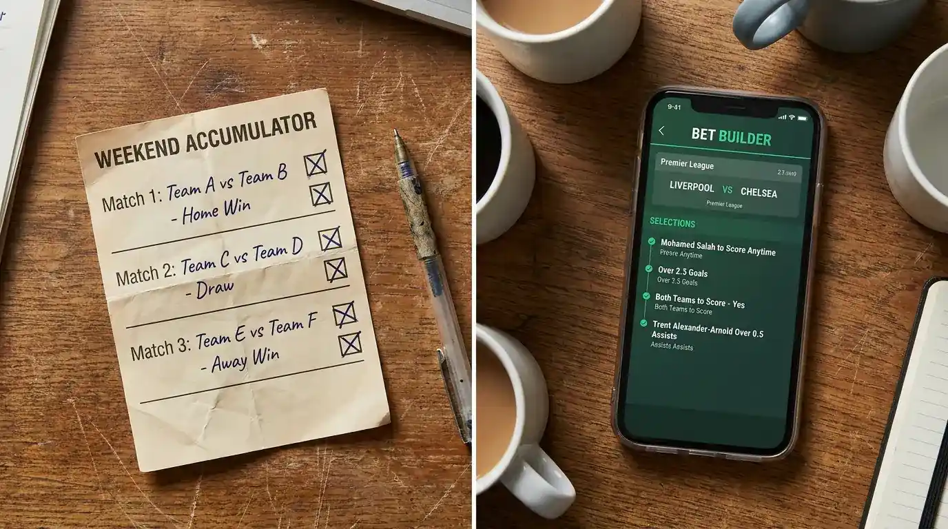 A traditional paper accumulator coupon placed next to a smartphone showing a Bet Builder slip on a UK football app