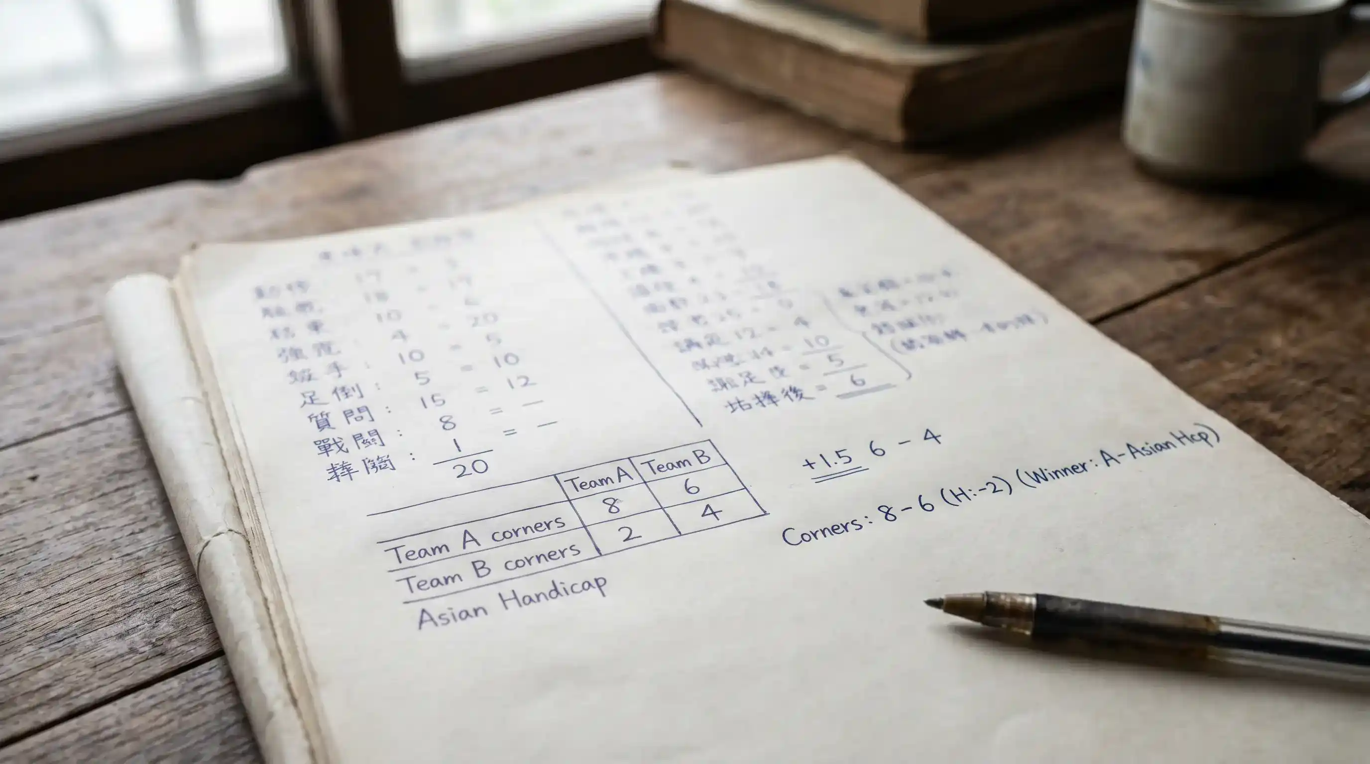 Notebook page showing Asian corner handicap calculations for a Premier League favourite giving 2.5 corners