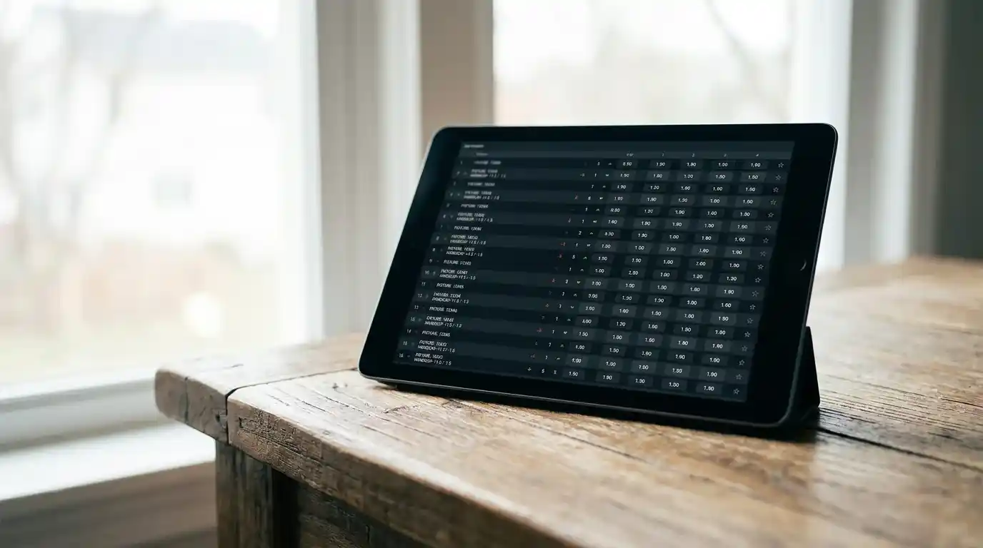 Tablet on a desk showing an extensive Asian handicap market list with multiple lines for a single Premier League fixture