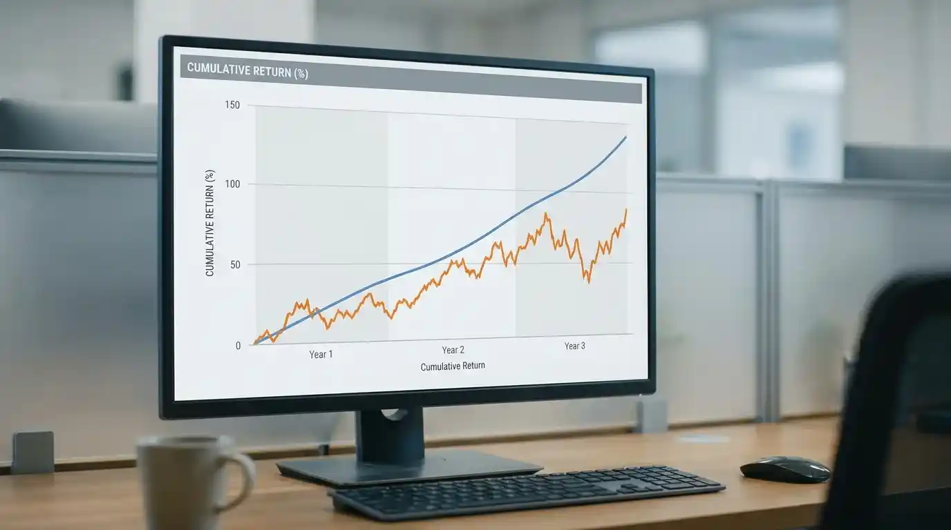 Two-line chart on a monitor showing one smoother and one more volatile cumulative-return path representing different handicap-line strategies