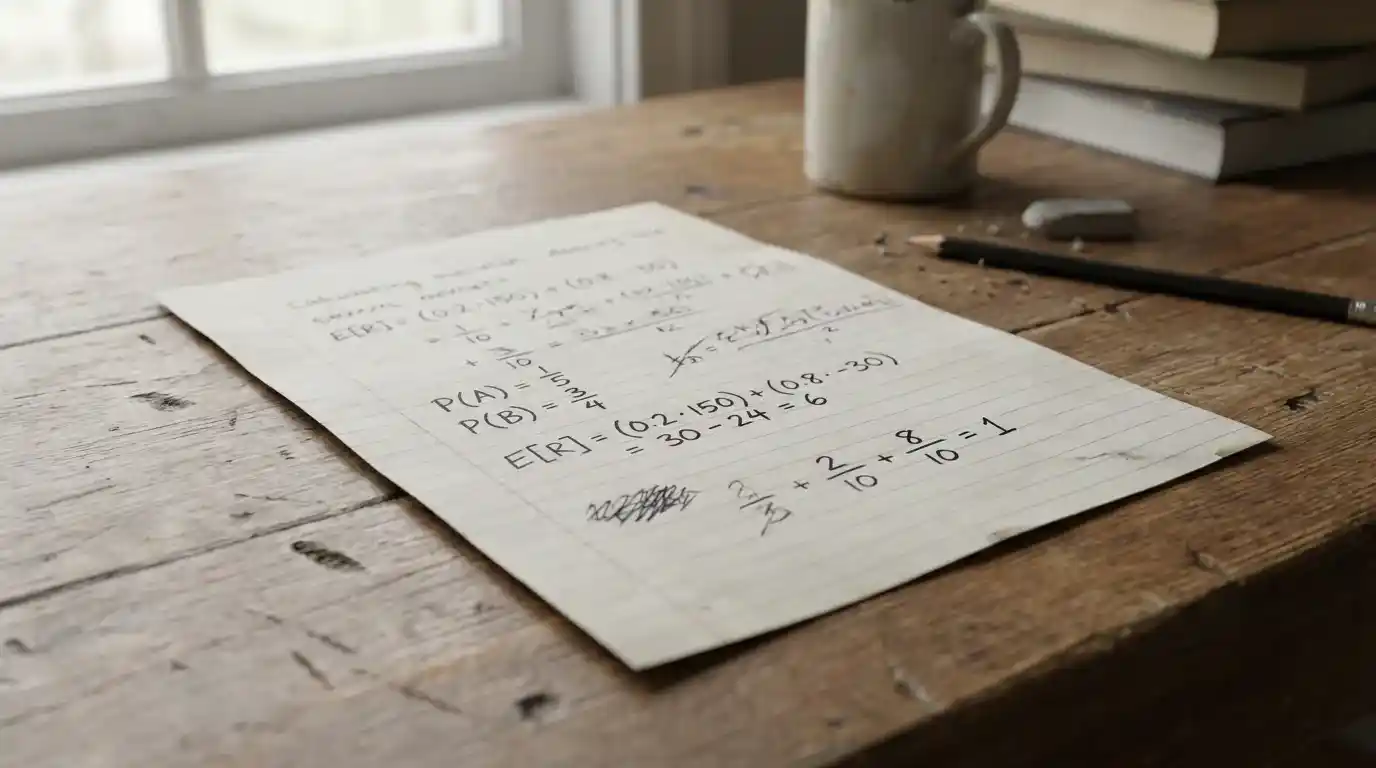 Hand-written probability and return calculations on lined paper modelling a quarter Asian handicap selection scenario by scenario