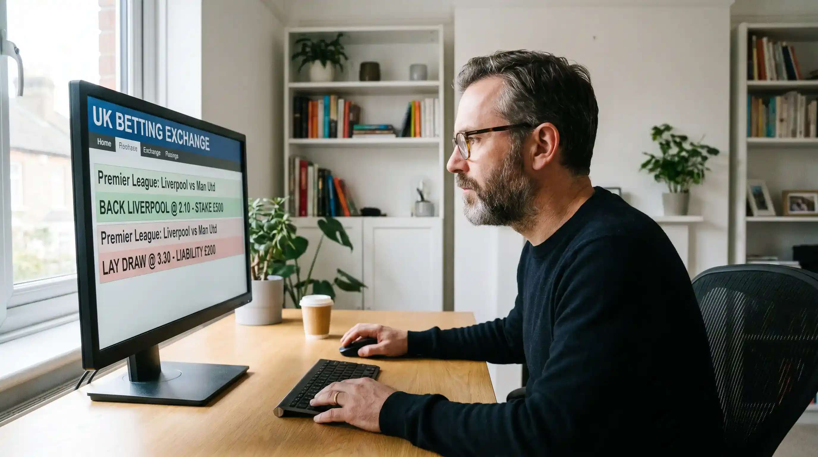 Football trader at a desk reviewing a back-then-lay position on a UK betting exchange
