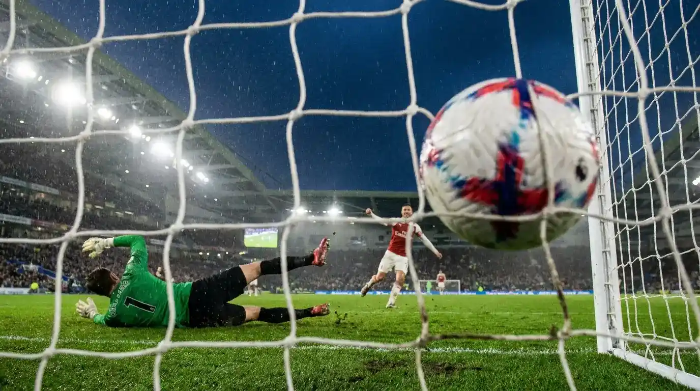 Football crossing the goal line at the back post during a Premier League fixture for a correct score outcome