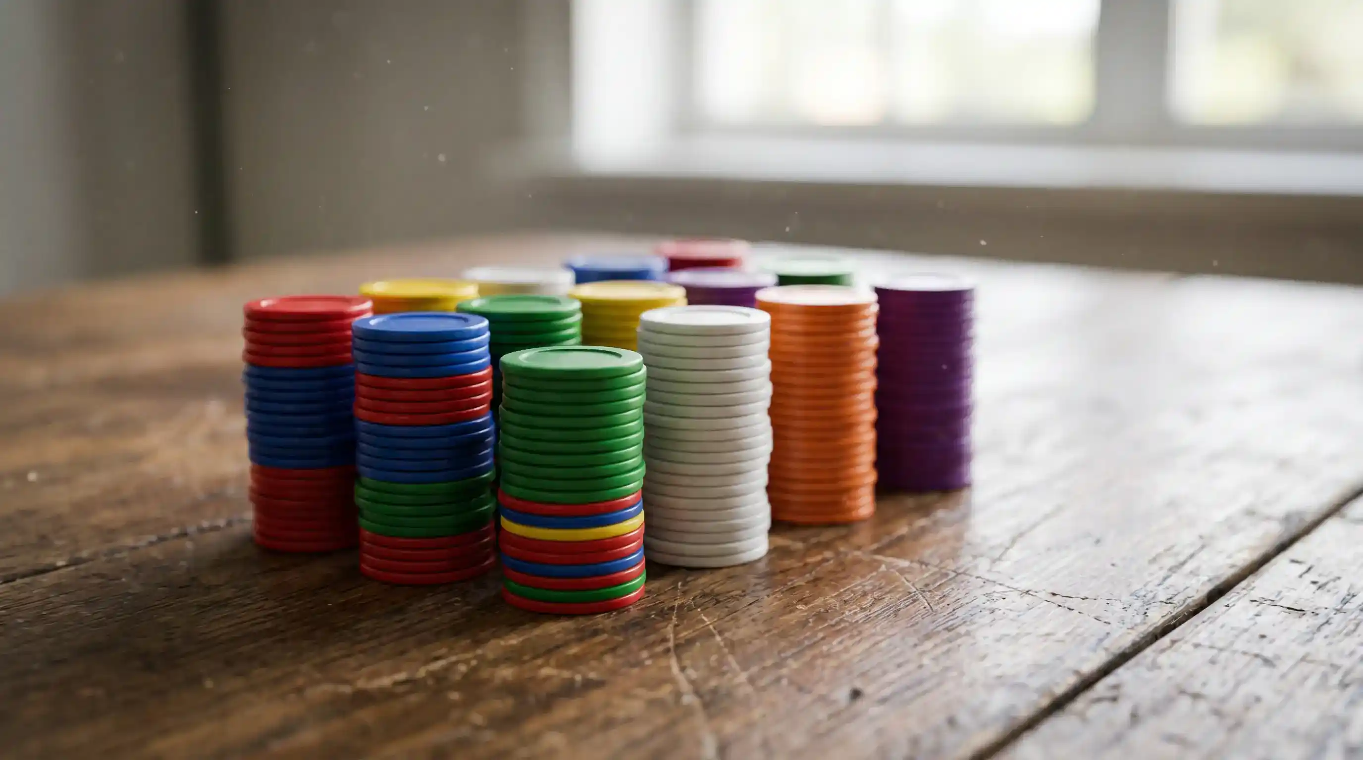 Stacks of colourful generic plastic counters arranged neatly on a wooden table symbolising bankroll units for accumulator staking