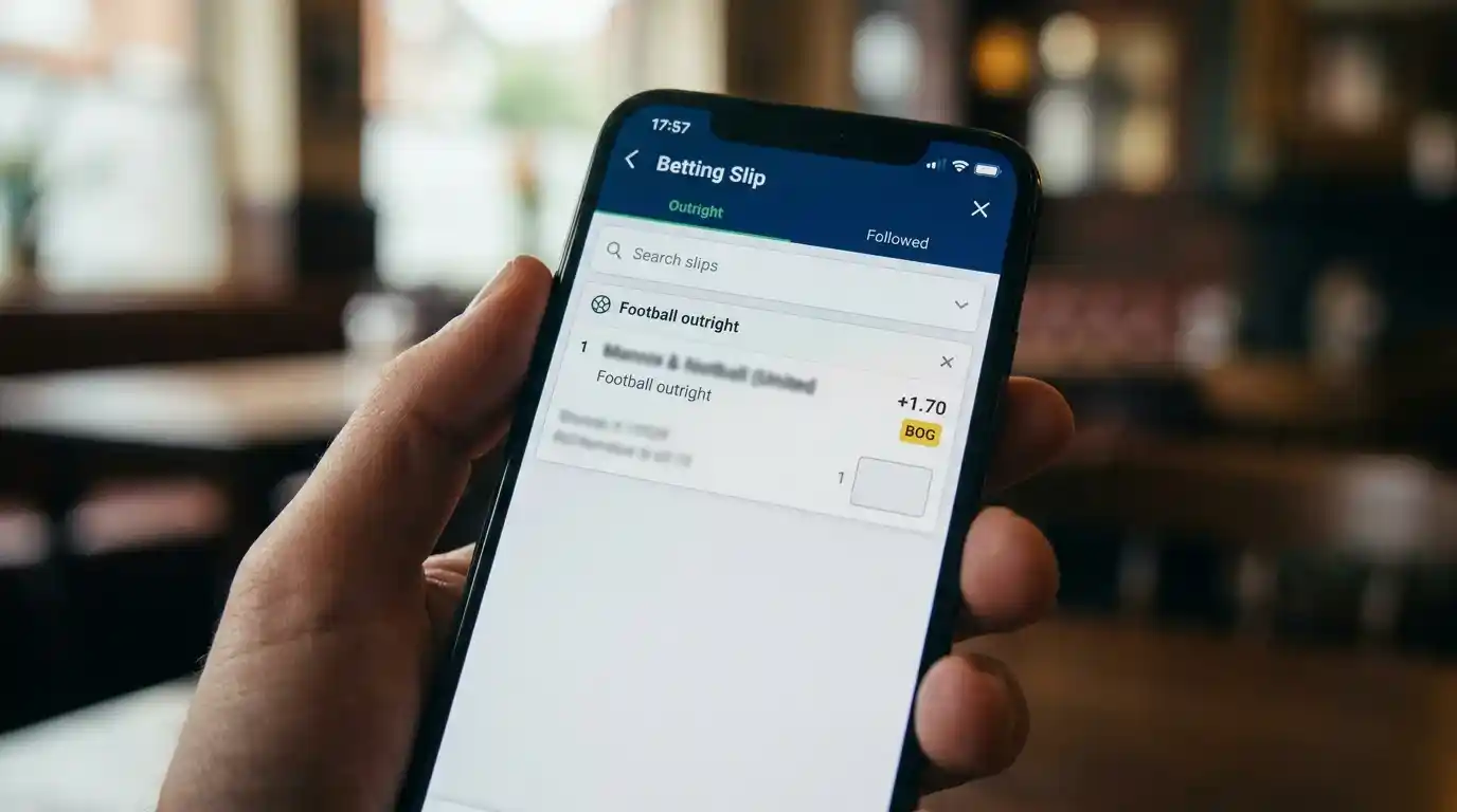 Mobile betting slip showing a football outright selection with a Best Odds Guaranteed badge highlighted next to the early price