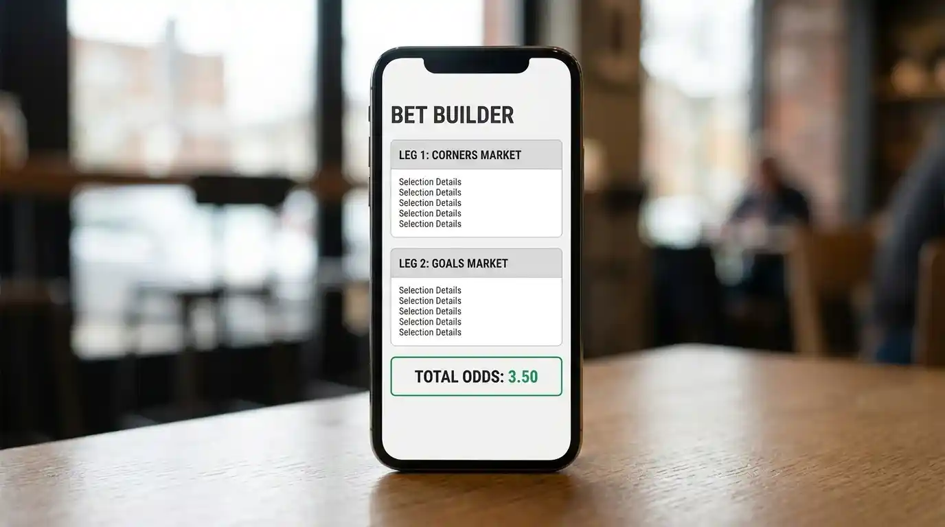 Mobile sportsbook Bet Builder slip stacking a both teams to score leg with an over 2.5 goals leg showing the correlated combined price