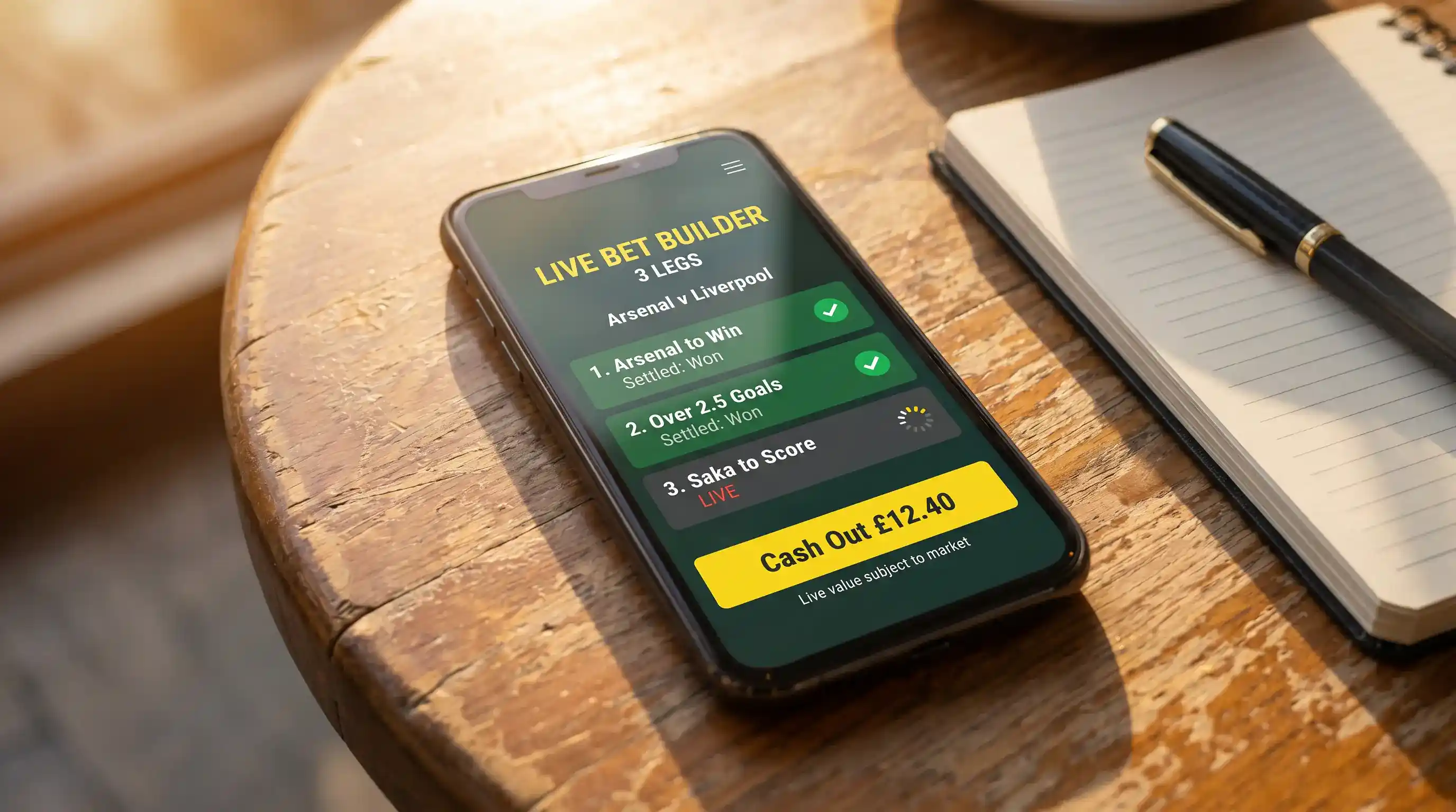 A cash-out offer displayed on a live Bet Builder slip inside a UK football bookmaker mobile app