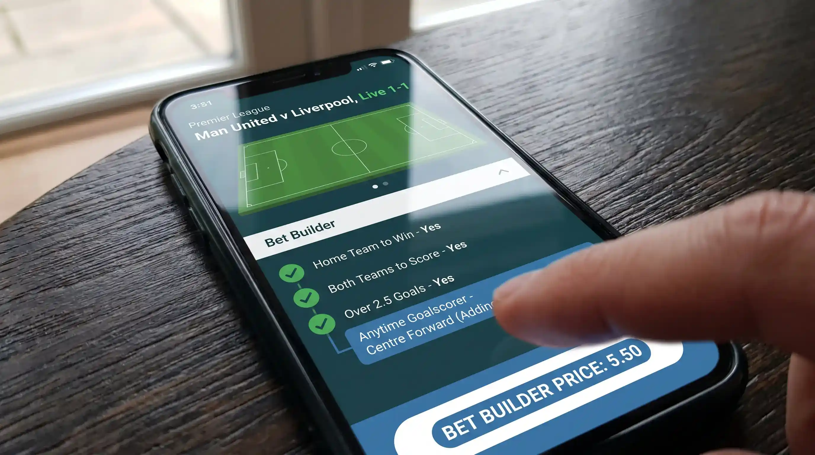 A UK Bet Builder slip with home win, both teams to score and over 2.5 goals selected for a Premier League fixture