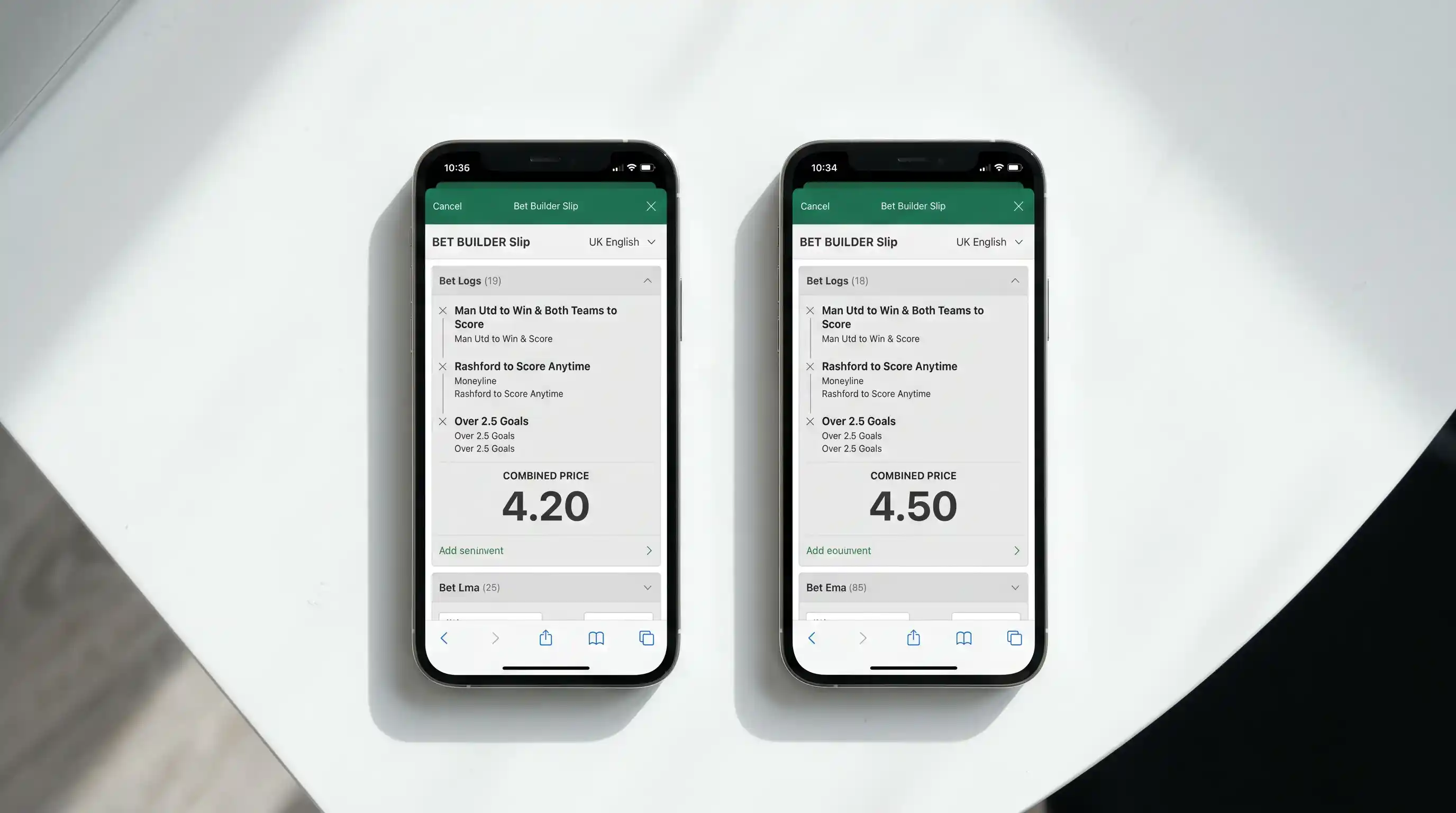 Two UK bookmaker mobile apps placed side by side showing different prices on the same same-game multi