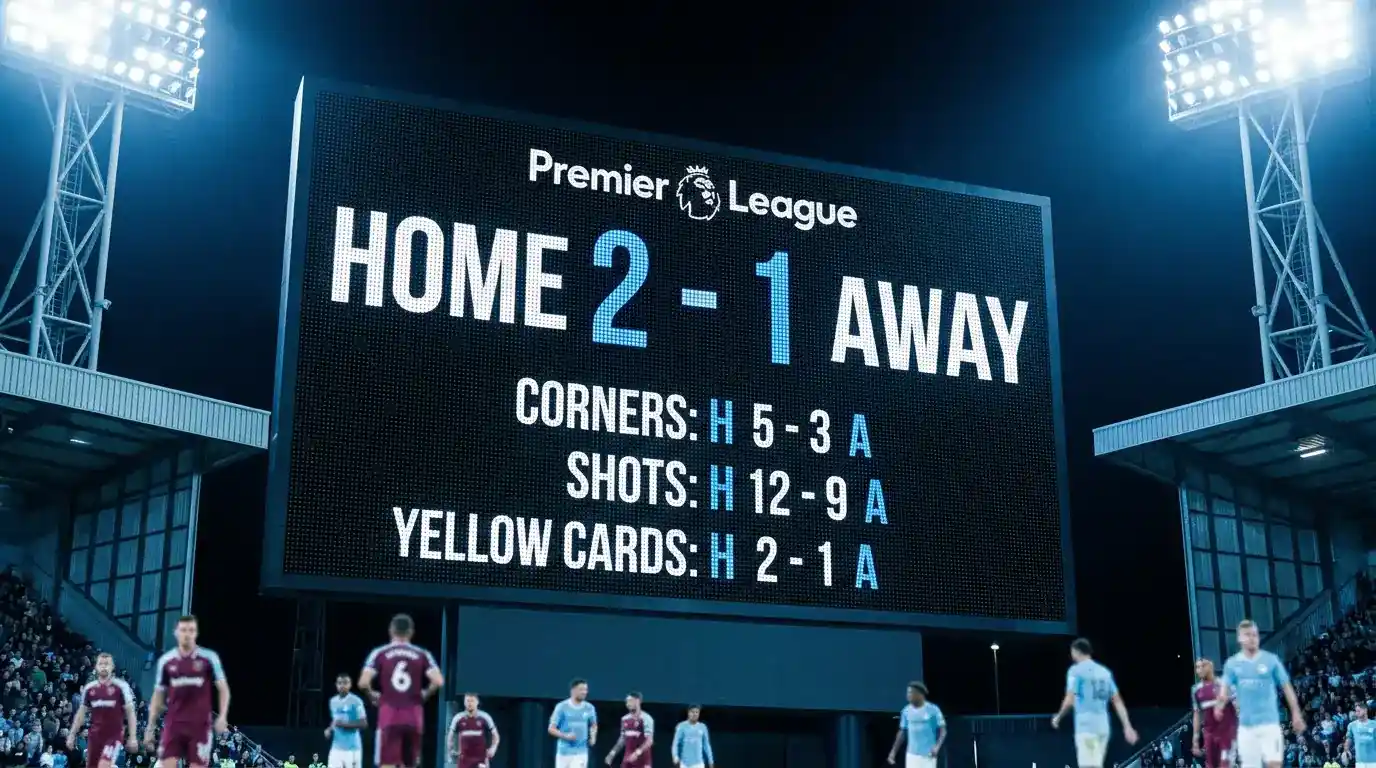 Stadium scoreboard showing live football match statistics for goals, corners and cards