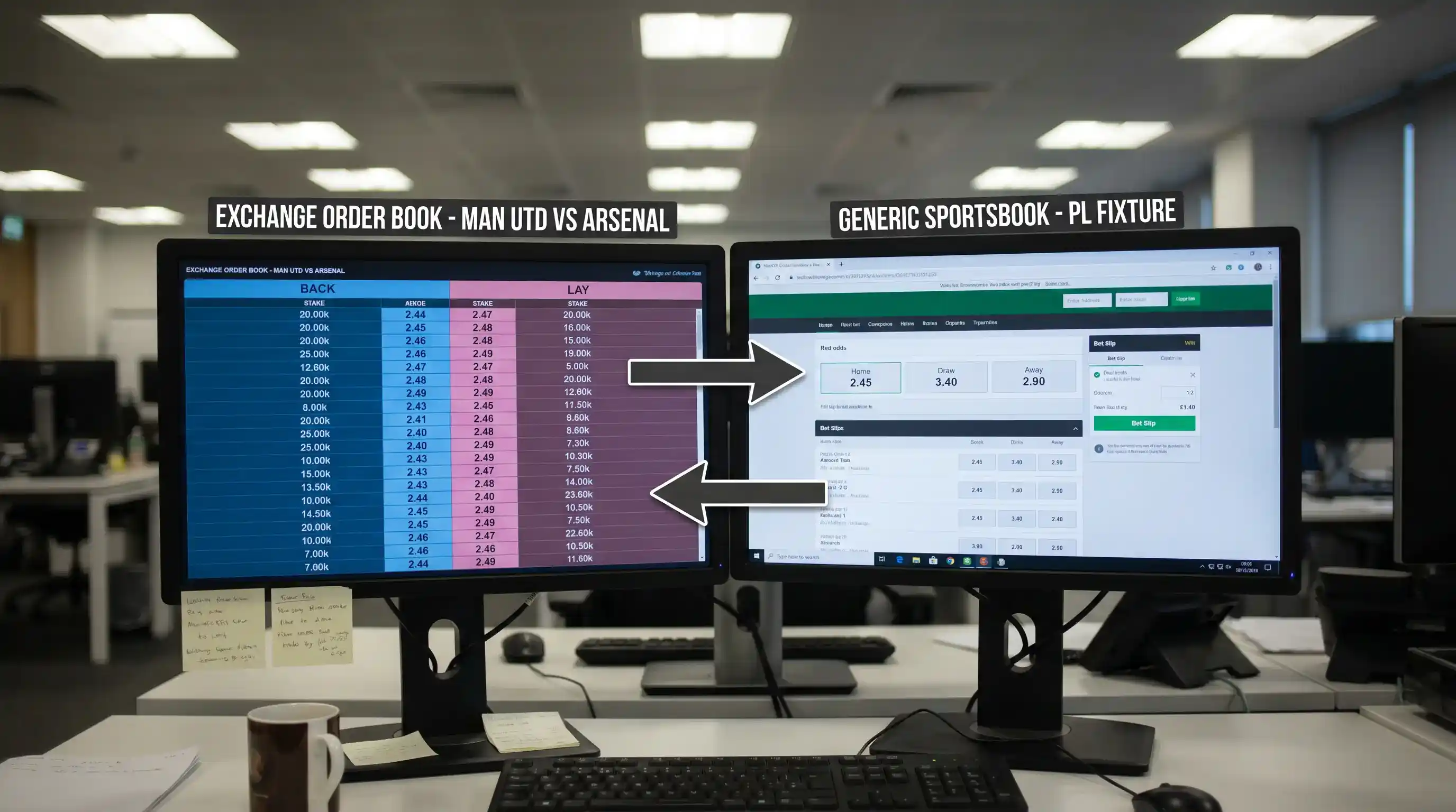 A betting exchange order book displayed alongside operator fixed-odds prices on the same Premier League match