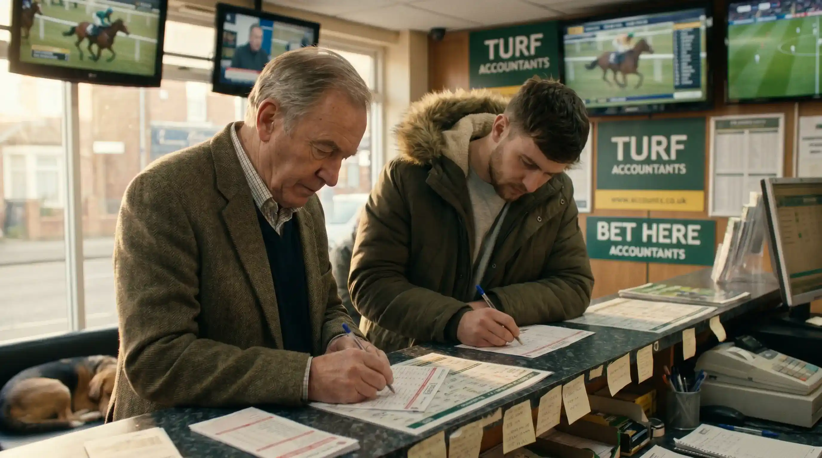 Customers writing first goalscorer slips at the counter of a UK high street betting shop on a Saturday afternoon