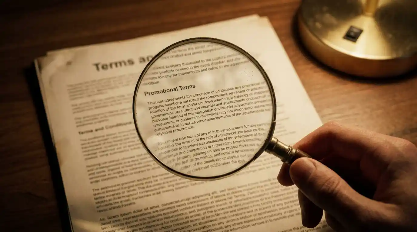 Magnifying glass held above a printed terms and conditions page with the Best Odds Guaranteed clause partly visible