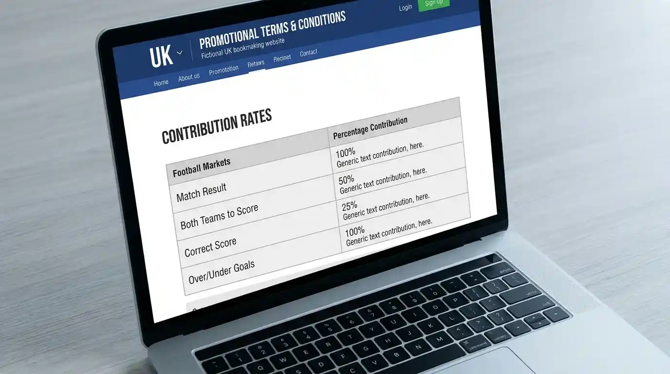 Comparison view of football market contribution rates on a UK bookmaker bonus terms page