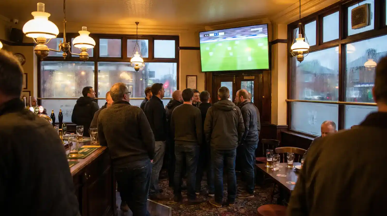 British pub on a midweek European football night with fans gathered around a large screen watching a Champions League match