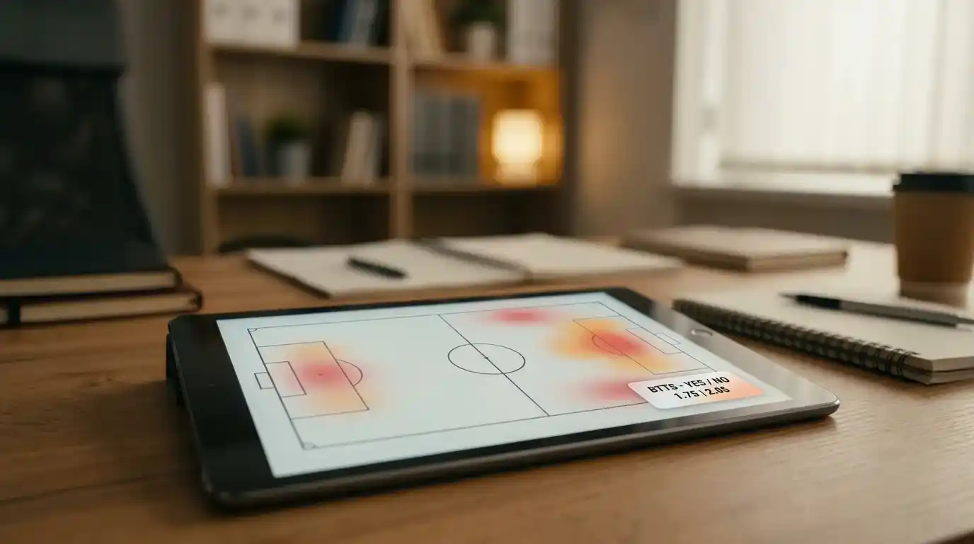 Tactical pitch graphic with attacking heatmaps for home and away teams overlaid on a Premier League fixture card and the BTTS market display alongside