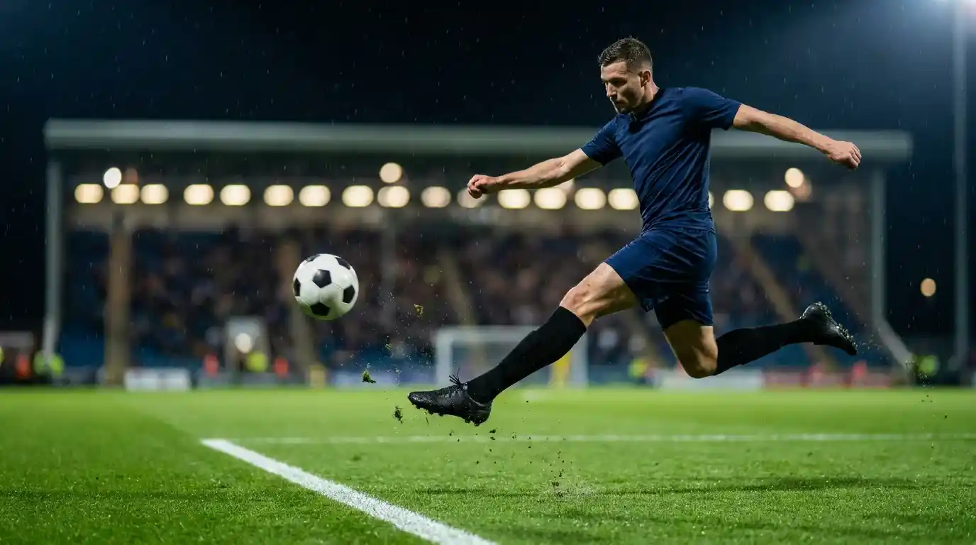 Premier League striker shooting on goal during a high-scoring fixture used to illustrate BTTS and over 2.5 correlation