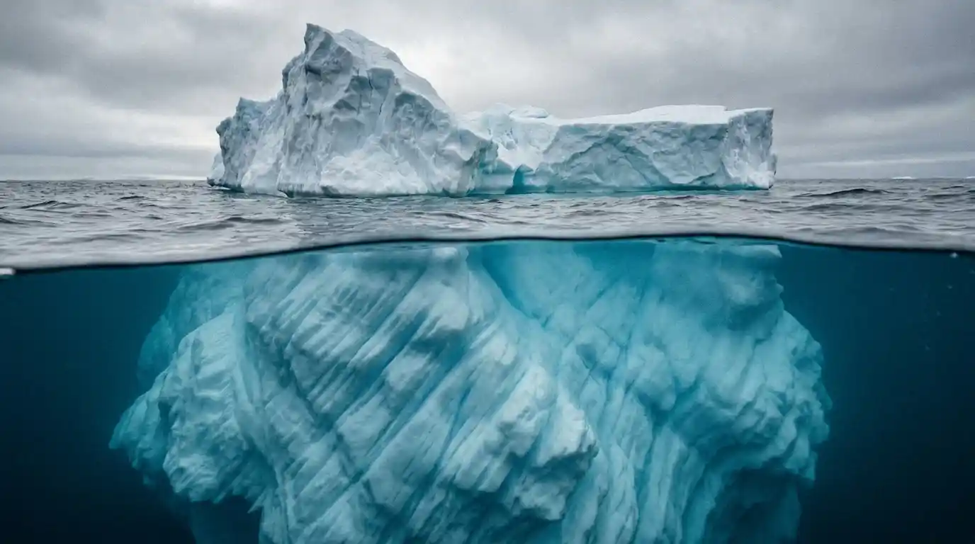 Iceberg above and below the waterline symbolising the small visible cash-out price and the larger hidden operator margin beneath