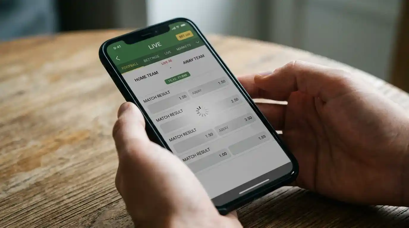 Mobile sportsbook screen with a suspended overlay greying out the live football market and a small loading indicator at centre