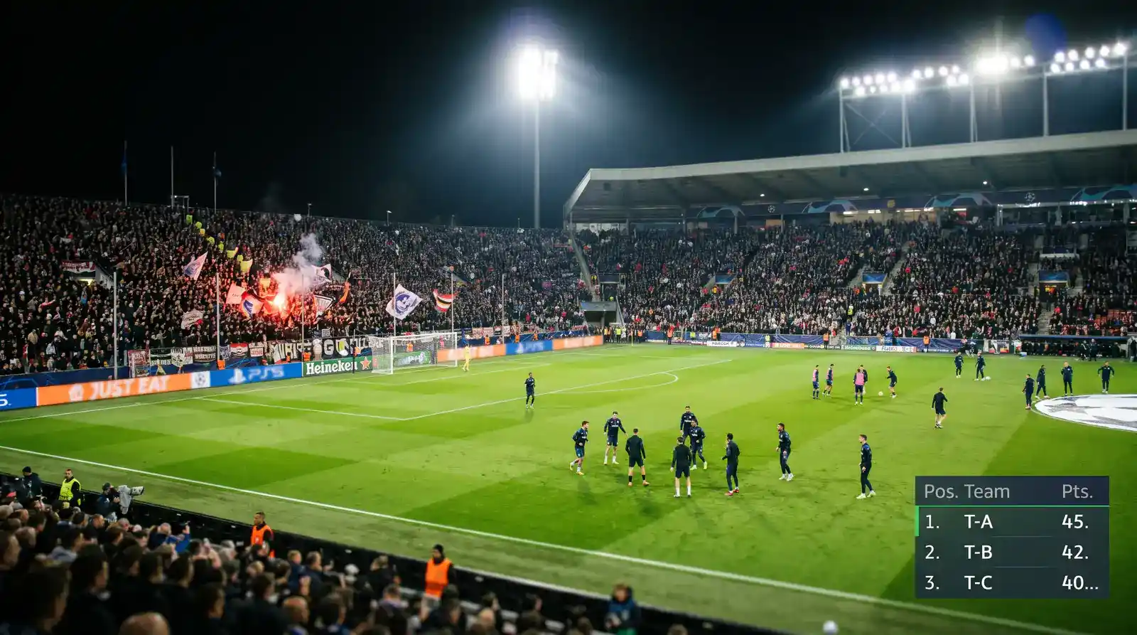 Stadium under floodlights with a league-phase fixture grid overlay and outright winner odds and top-eight finish markets displayed alongside