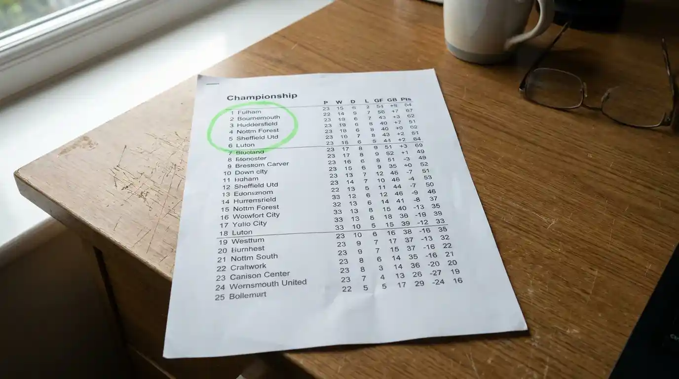 Printed EFL Championship league table on a desk with promotion places and play-off zone highlighted by hand
