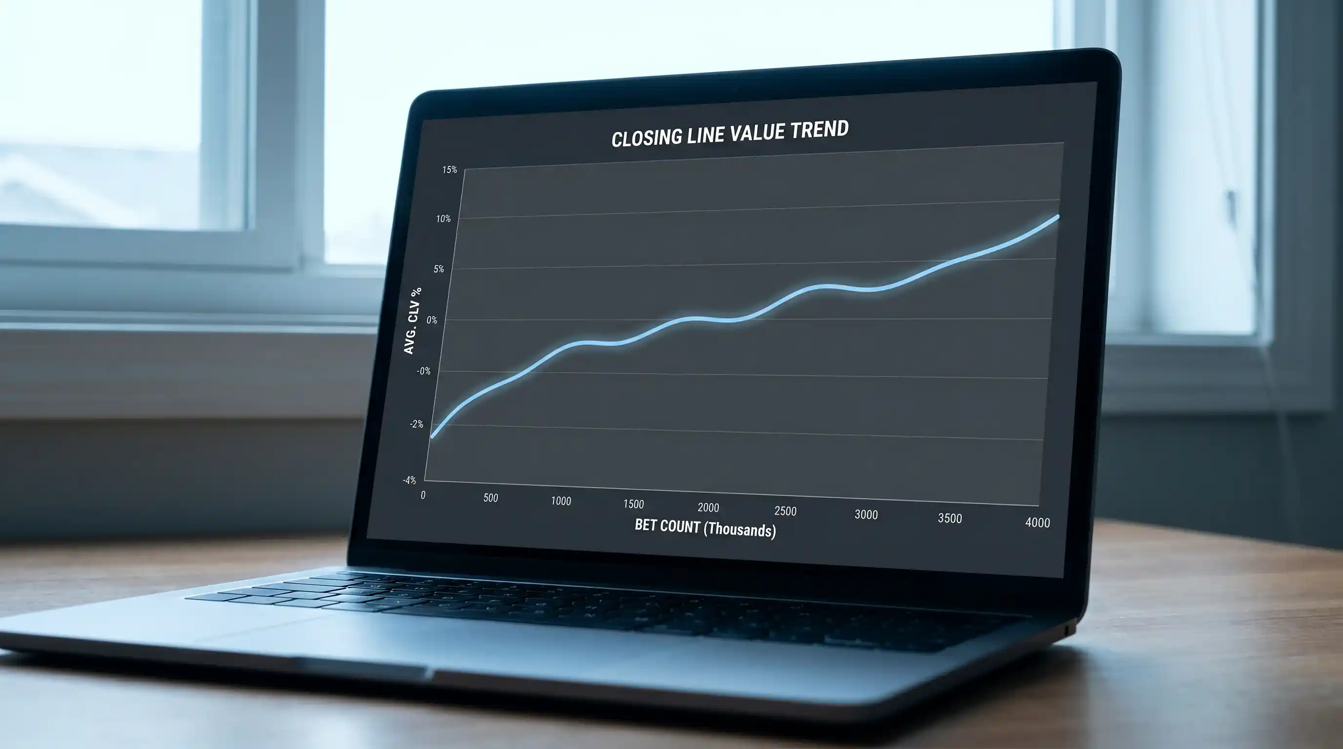 Closing line value trend line chart on a laptop screen showing positive CLV over a betting season