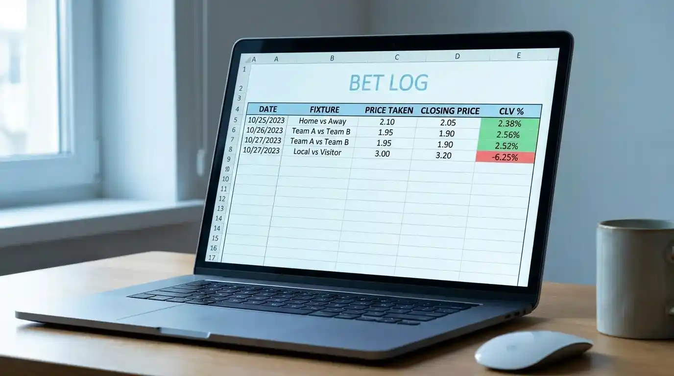 Closing line value tracking spreadsheet open on a laptop showing recorded football bets