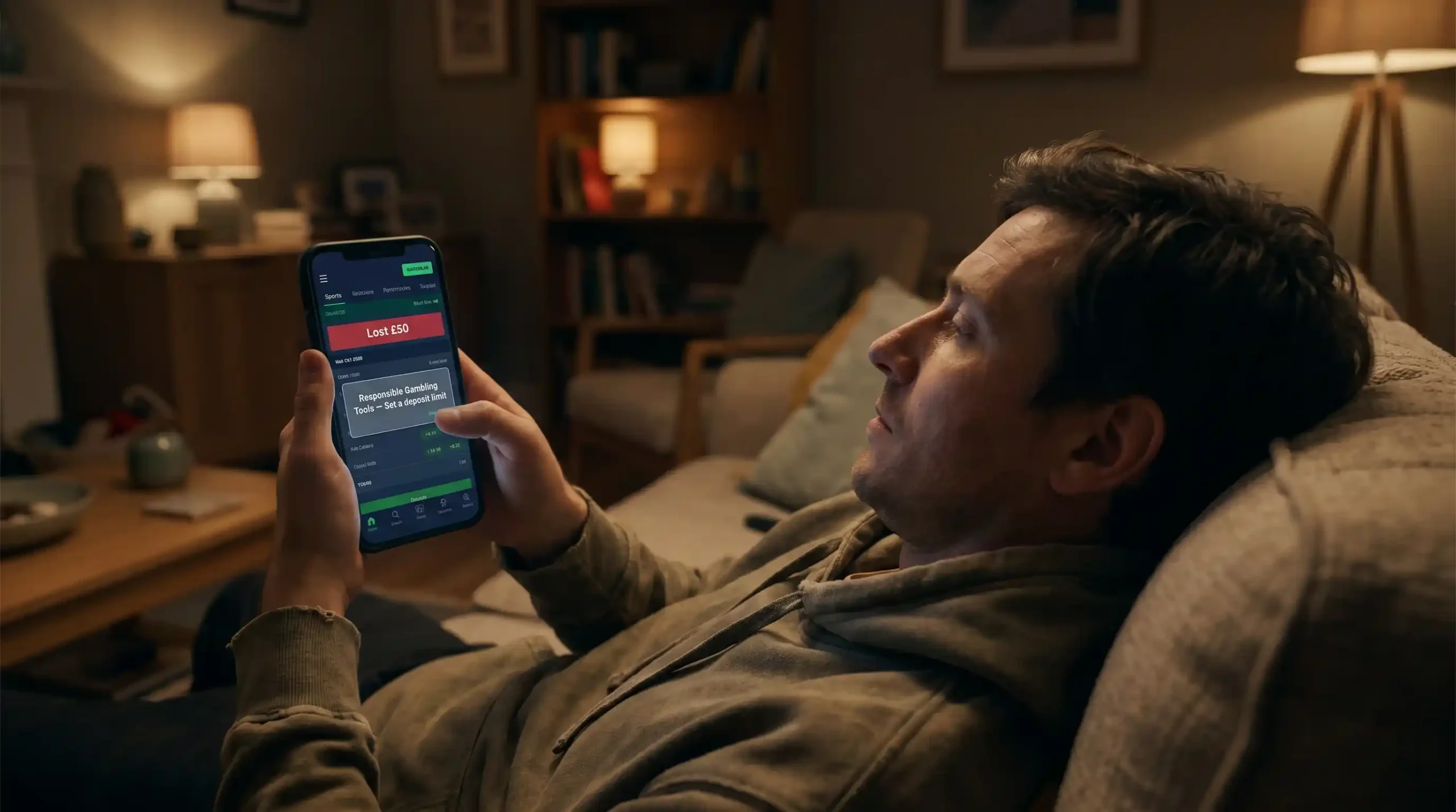 UK bookmaker app showing a losing bet slip alongside an open responsible gambling tool notification