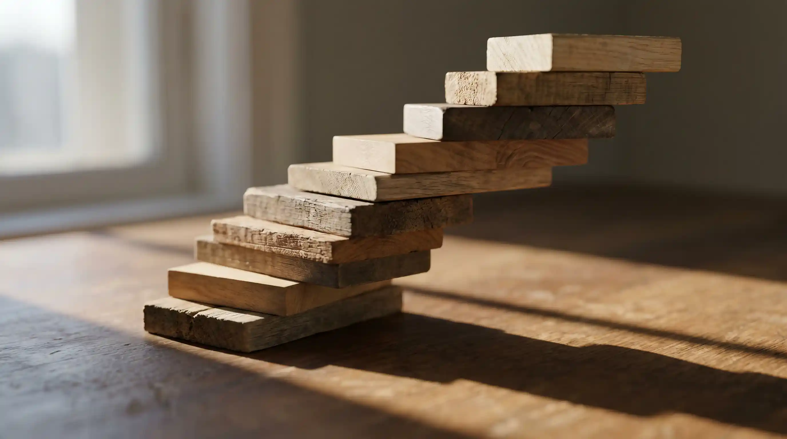 Stacked wooden blocks on a desk visually representing layered bookmaker margin compounding across multiple accumulator legs