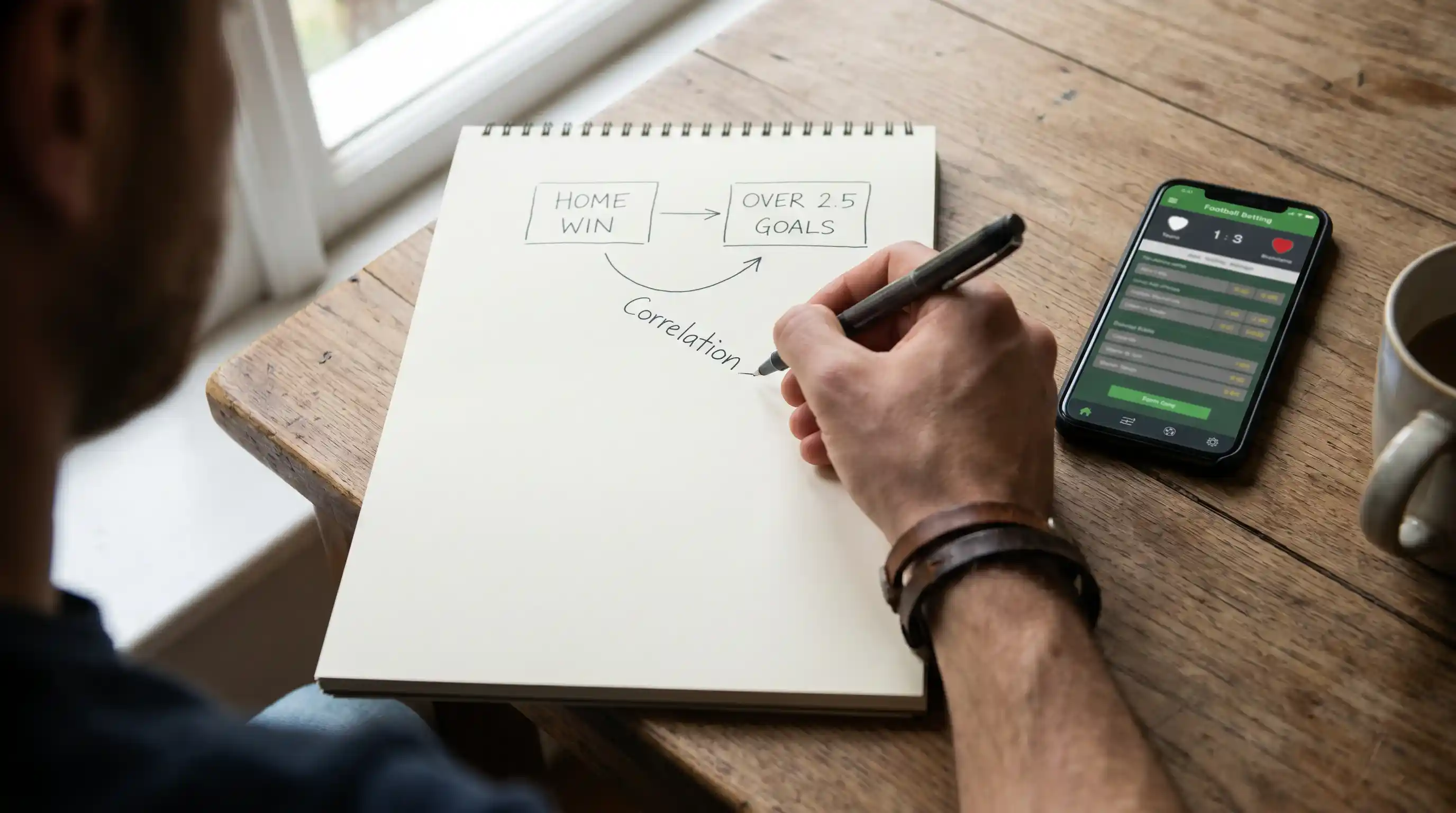 A UK punter sketching correlated football leg relationships on a notepad next to a betting app preview