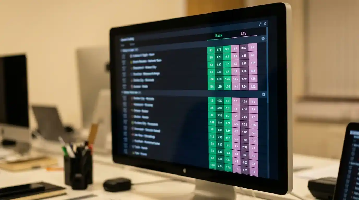 Computer screen showing a betting exchange interface with rows of decimal prices for football back and lay markets in a clean dark theme