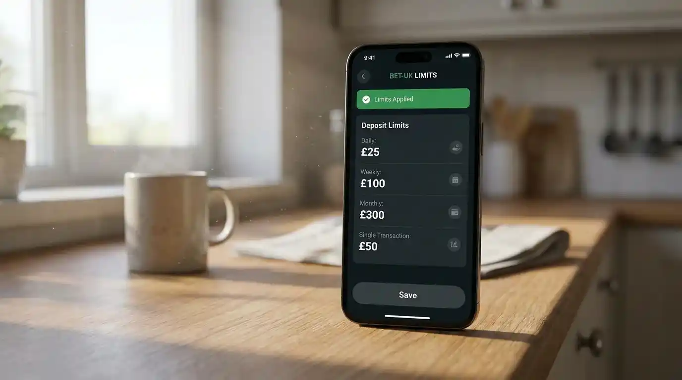 A safer-gambling settings page on a UKGC-licensed football app with daily, weekly and monthly deposit limits configured