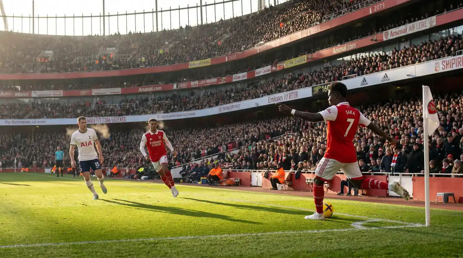 Premier League first-half corner being delivered into the box during the opening fifteen minutes of a match