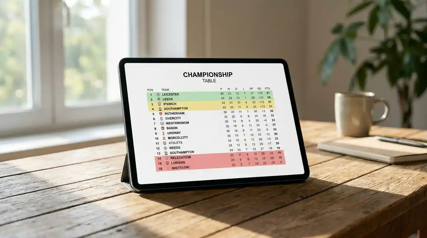 EFL Championship league table on a UK bookmaker app showing promotion, play-off and relegation markets