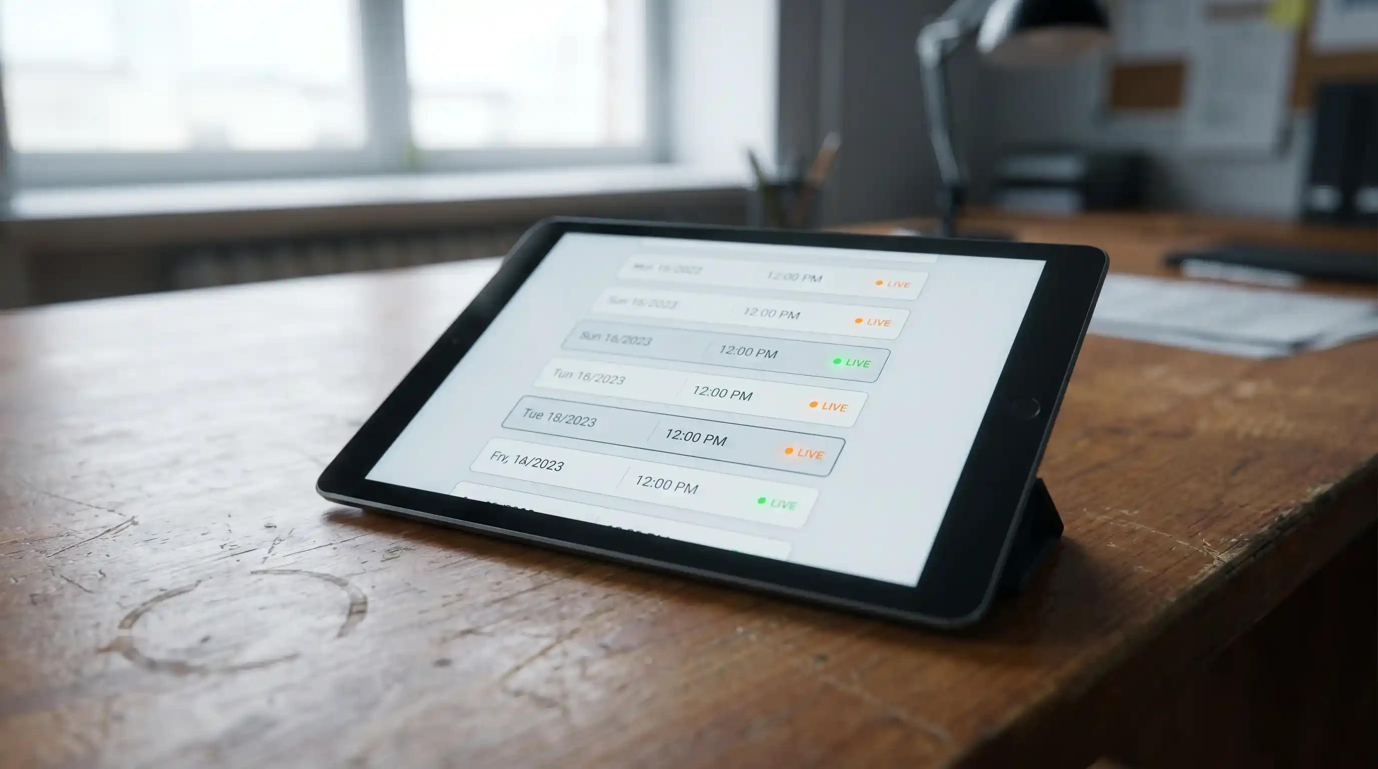 Tablet on a desk displaying a sportsbook streaming schedule grid for a Saturday EFL Championship fixture list with several live indicators
