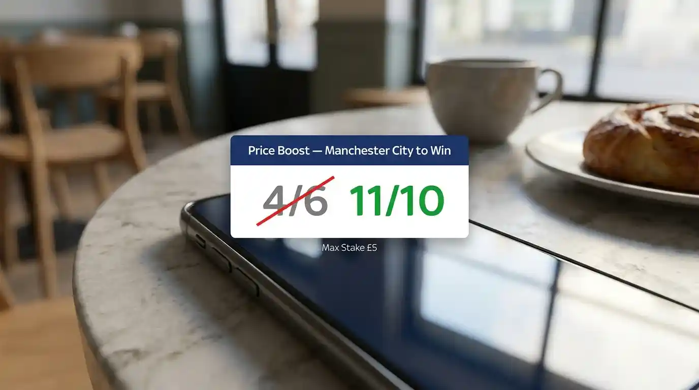 An enhanced-odds tile featuring a boosted Premier League price on a UK bookmaker home screen