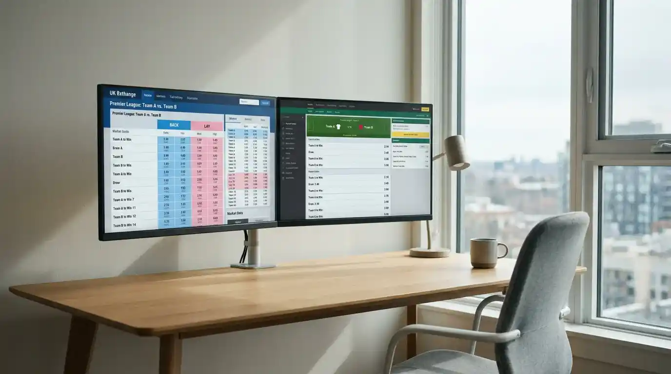 UK betting exchange and sportsbook interfaces displayed side by side on a desktop monitor