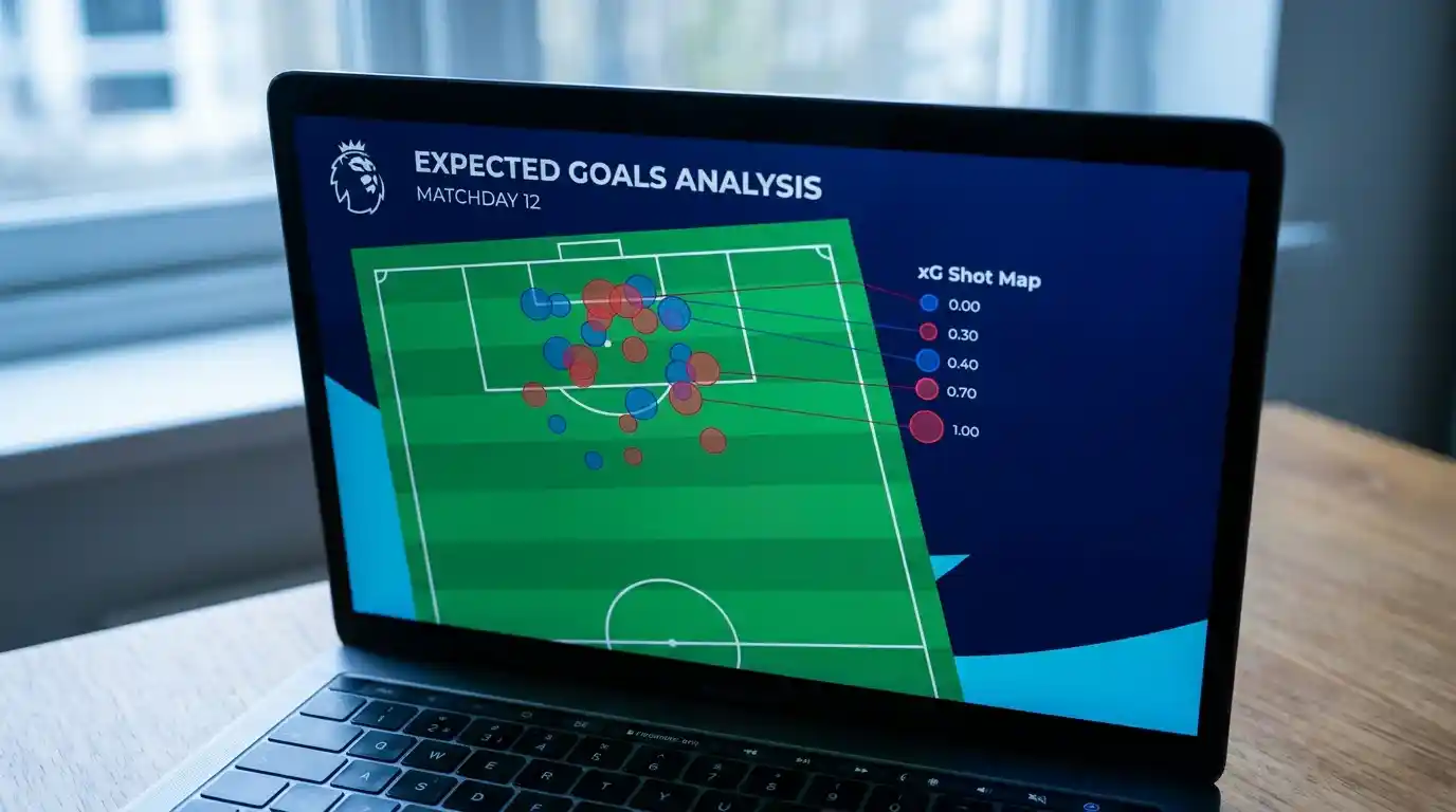 Expected goals shot map visualisation overlaid on a Premier League pitch graphic