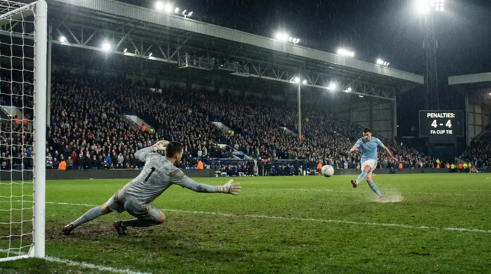 Penalty shootout under stadium lights deciding an FA Cup tie after extra time in a packed venue