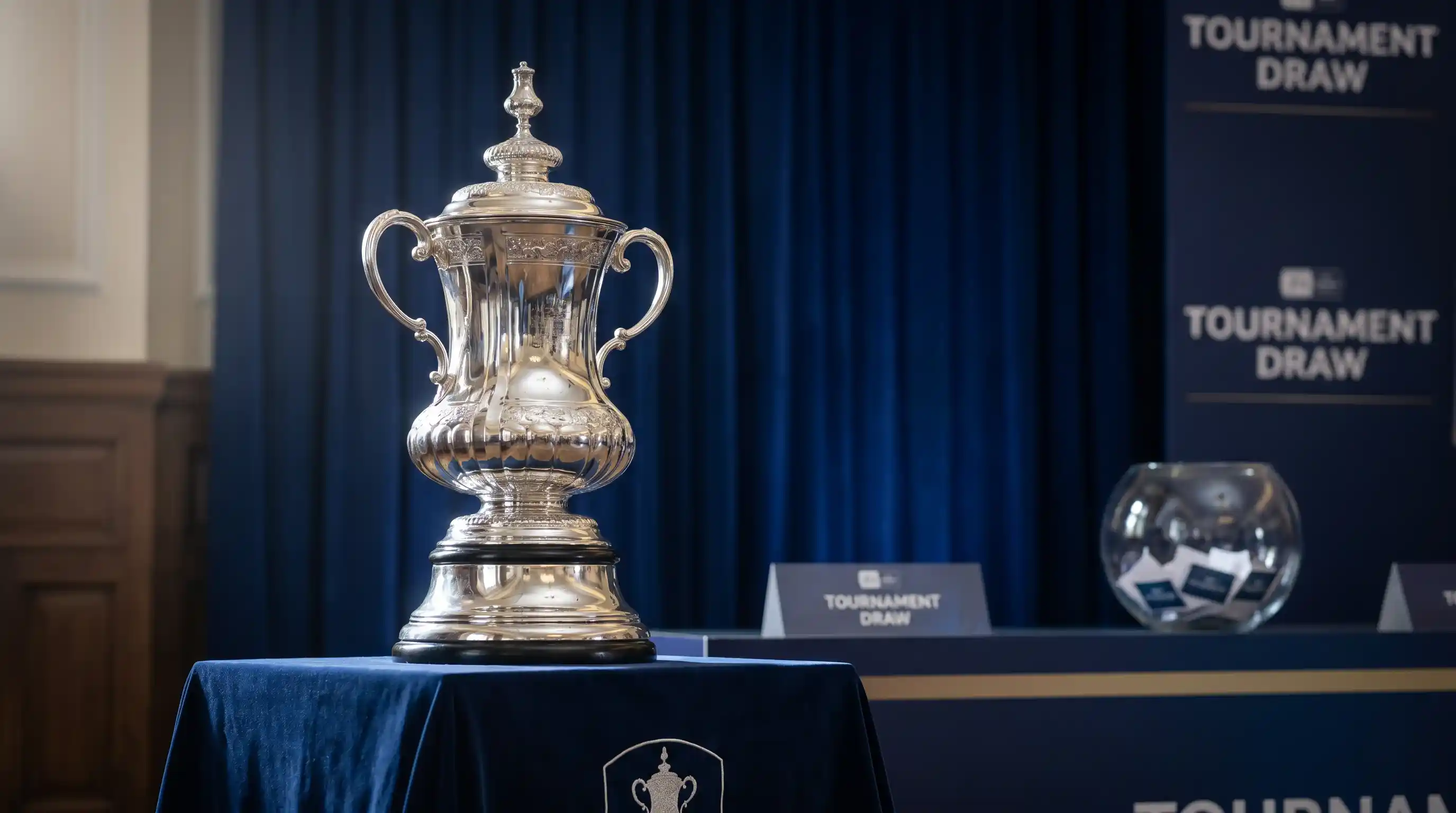 FA Cup trophy displayed before the draw with outright winner pricing implied across the surviving clubs