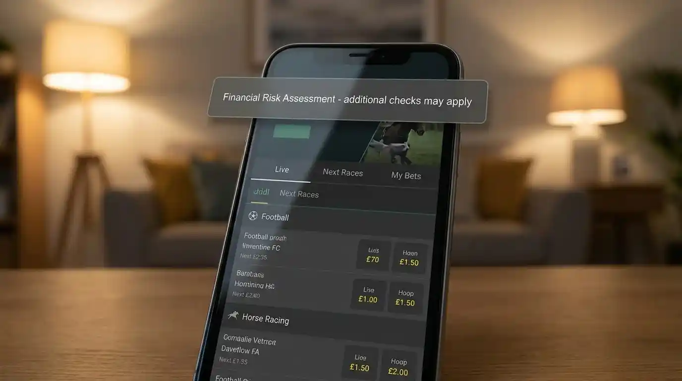 Mobile bookmaker app showing a Financial Risk Assessment notification at the £150 deposit threshold