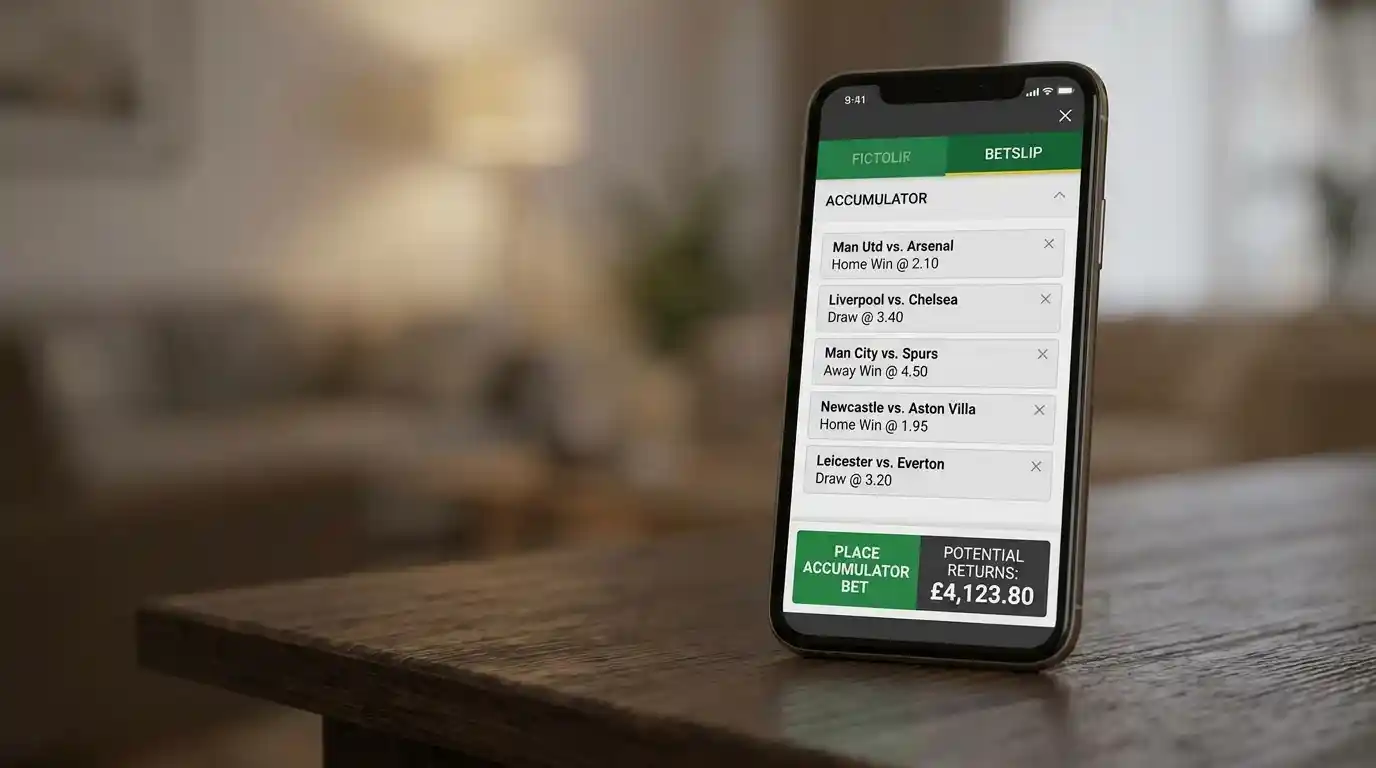 Five-leg football accumulator slip with long combined odds on a UK bookmaker app
