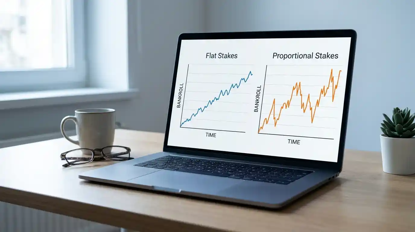 Bankroll growth chart on a laptop comparing flat and proportional staking strategies for football betting