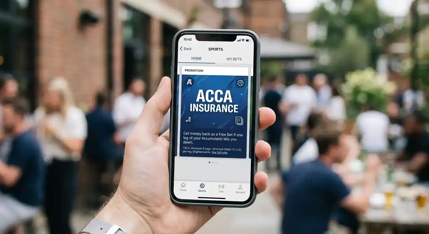 Mobile sportsbook app showing an acca insurance promotion on a five-fold football slip with the minimum-odds and qualifying-legs terms displayed