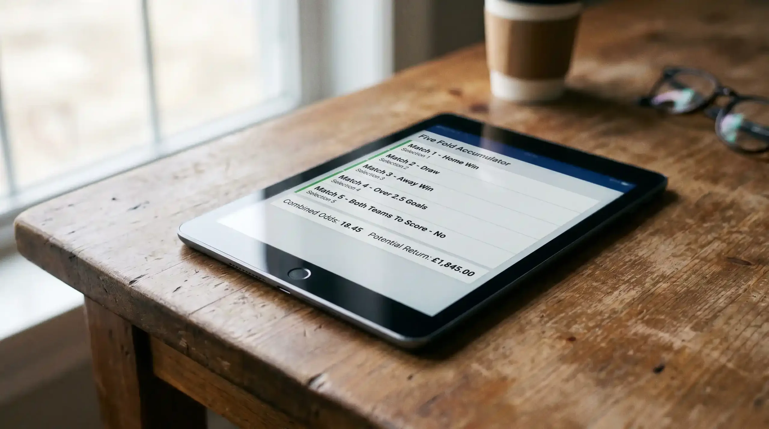 Five-fold football accumulator betting slip on a tablet showing combined odds and projected return from Premier League and Championship selections