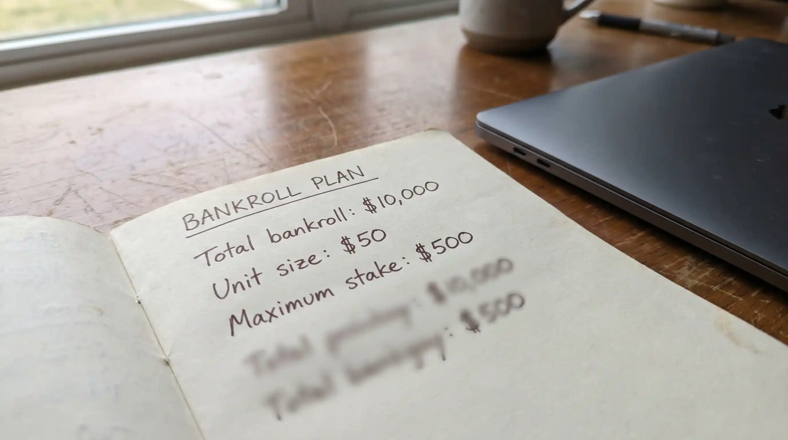 Open notebook with a handwritten football betting bankroll plan and unit size next to a laptop