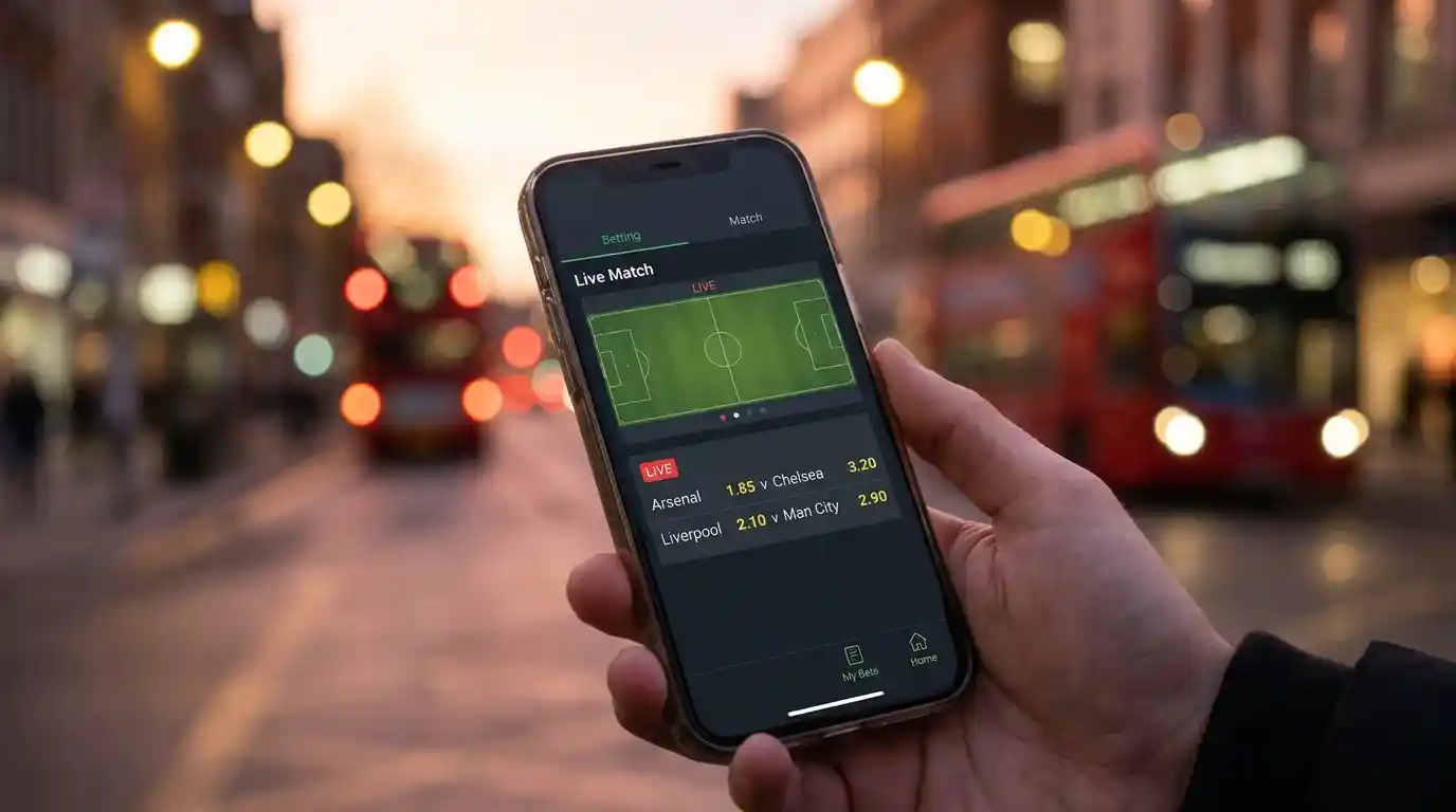 Mobile phone displaying a football betting app match centre with live odds